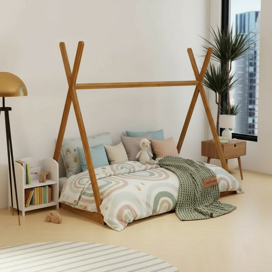 Children's bedroom with a wooden teepee, colorful bedding, and decorative items.